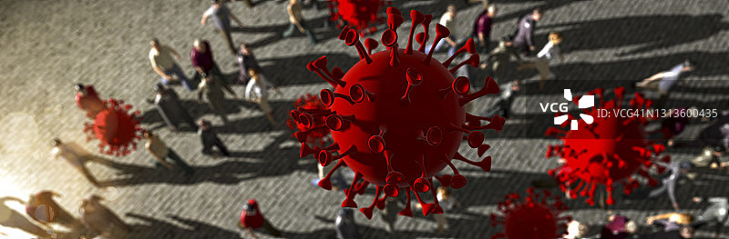 3D渲染：高峰时段人群与空气中漂浮的新冠病毒颗粒图片素材