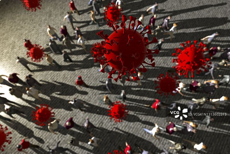 3D渲染：高峰时段人群与空气中漂浮的新冠病毒颗粒图片素材