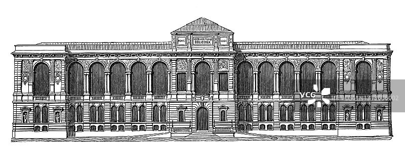 德国巴登-符腾堡州斯图加特州立图书馆的古旧雕刻插图图片素材