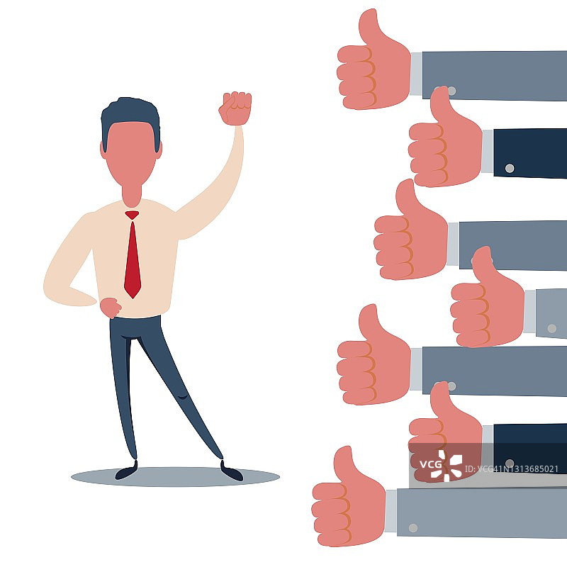 快乐自豪的商人与许多竖起大拇指的手图片素材