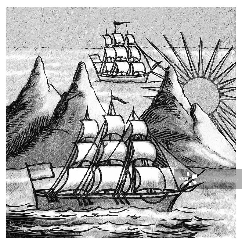 帆船的古老彩 lithograph 插图图片素材