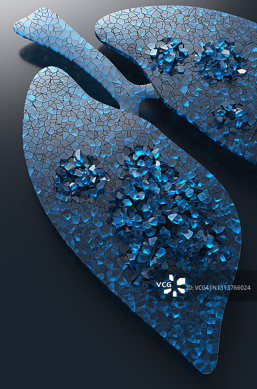 受冠状病毒影响的人类受损肺部玻璃模型特写。3D渲染插画图片素材