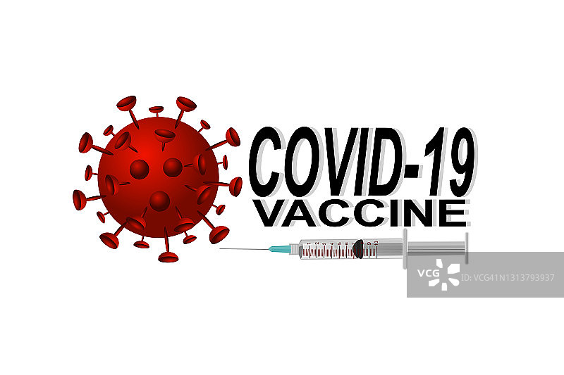 白色背景上的新冠肺炎疫苗图示，展示了冠状病毒和带有Covid-19疫苗黑色文字的注射器的简单设计图片素材