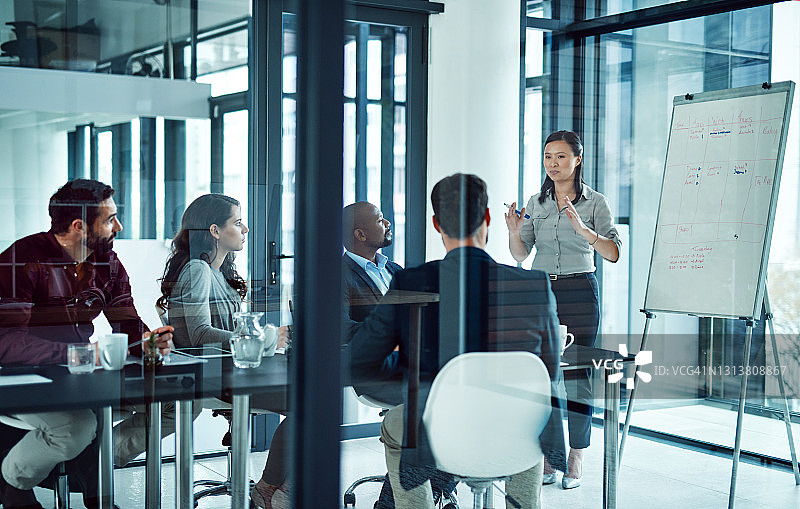 女商人向现代办公室会议室的同事发表演讲的镜头图片素材