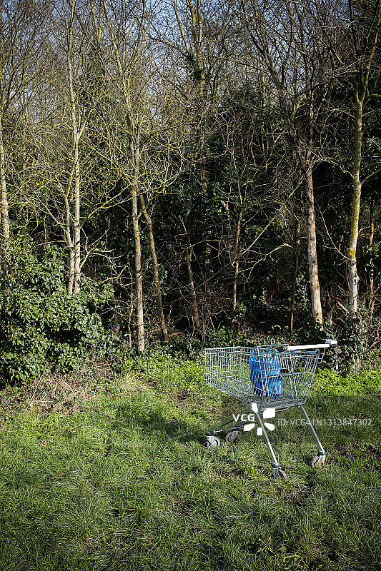 树木附近田野里的废弃购物车图片素材