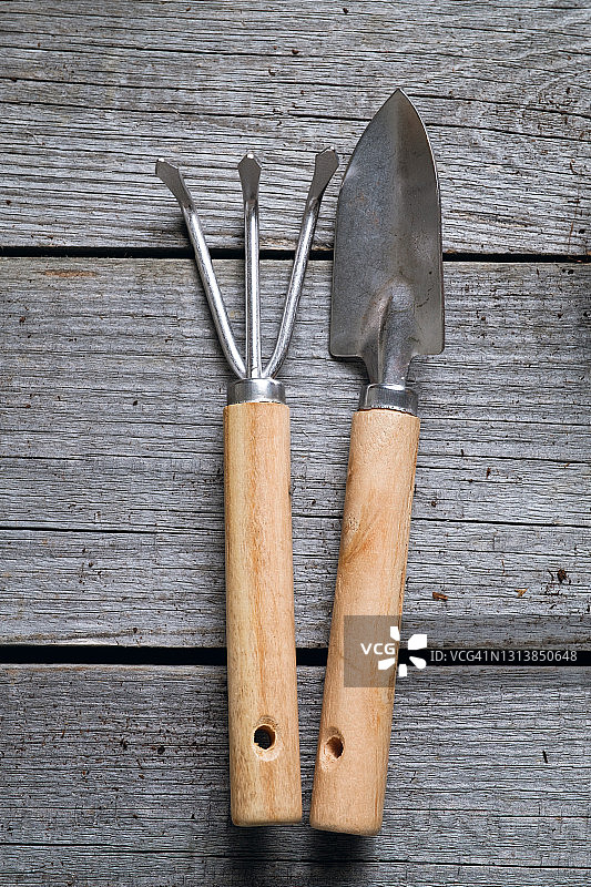 园艺工具：小铲子和耙子，在木桌背景上种植花卉、植物或蔬菜，种植有机农产品，留白图片素材