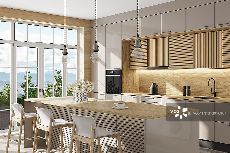 米色和浅木色现代斯堪的纳维亚厨房，配有带凳子的大型厨房岛台图片素材