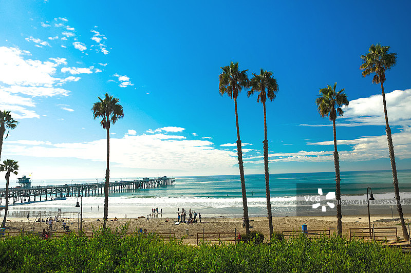 加利福尼亚圣克莱门特海滩棕榈树和码头图片素材