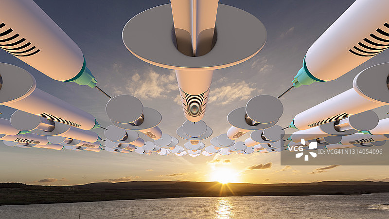 阳光下飞过海面的注射器编队图片素材