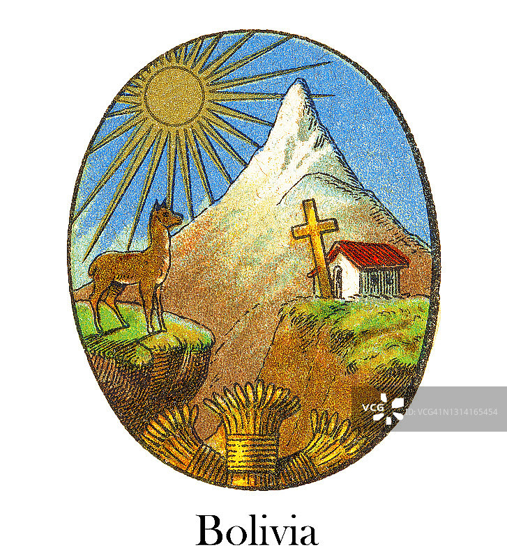 玻利维亚国徽的古老版画插图图片素材