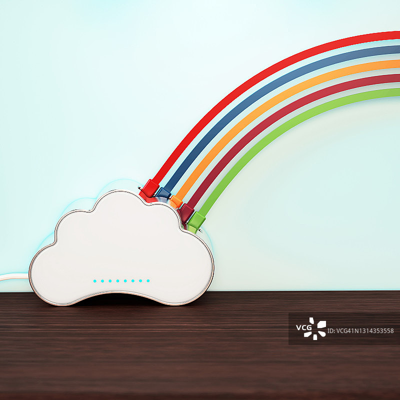 云朵形状的WiFi路由器在昏暗房间的桌面上图片素材