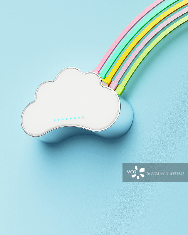 悬挂在蓝色墙上的云朵形状的白色铝制WiFi路由器互联网集线器图片素材