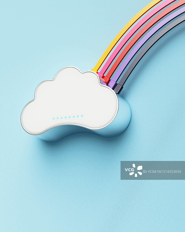 悬挂在蓝色墙上的云朵形状的白色铝制WiFi路由器互联网集线器图片素材