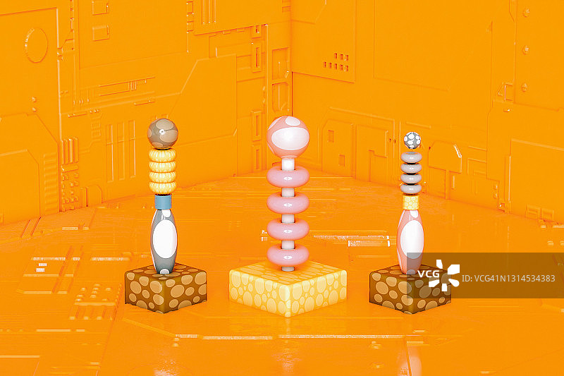 橙色背景上的抽象棋子3D渲染图图片素材