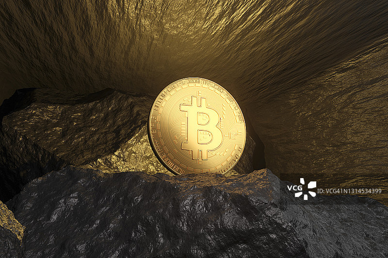矿井中闪耀的比特币3D渲染图片素材