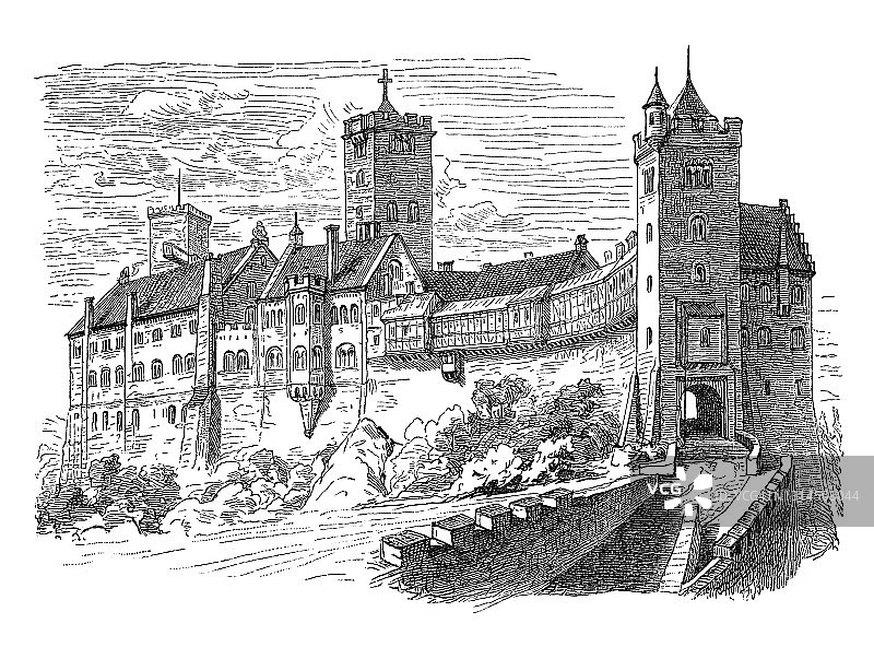 瓦特堡城堡老式雕刻插图图片素材