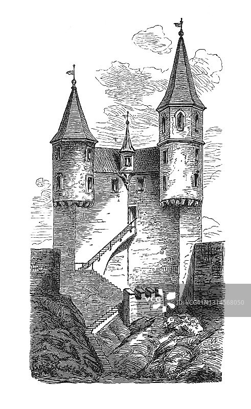 沙代克城堡古版画插图图片素材