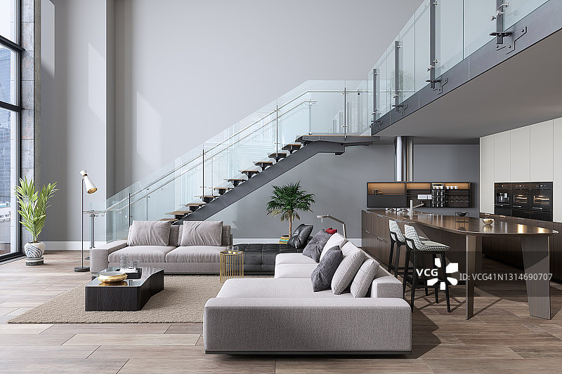 带沙发、开放式厨房和楼梯的豪华客厅图片素材