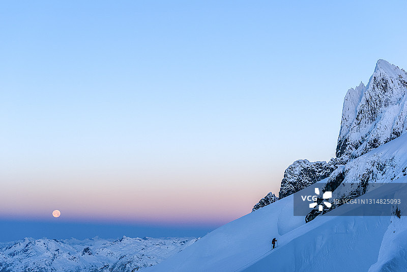 滑雪登山者在满月下攀登白雪皑皑的山坡图片素材
