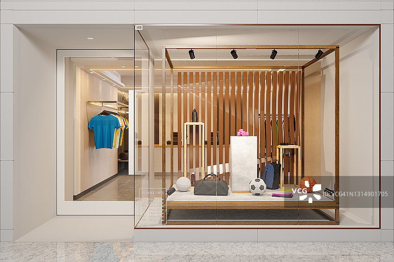 体育用品商店外观，橱窗展示运动球、背包和其他运动器材图片素材