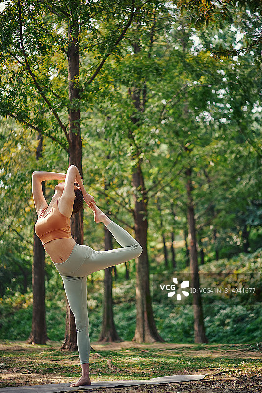 在森林里做瑜伽的女人图片素材
