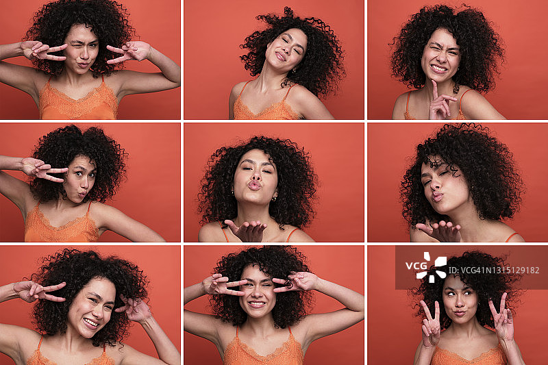 多张年轻女子做手势和玩乐的图片图片素材