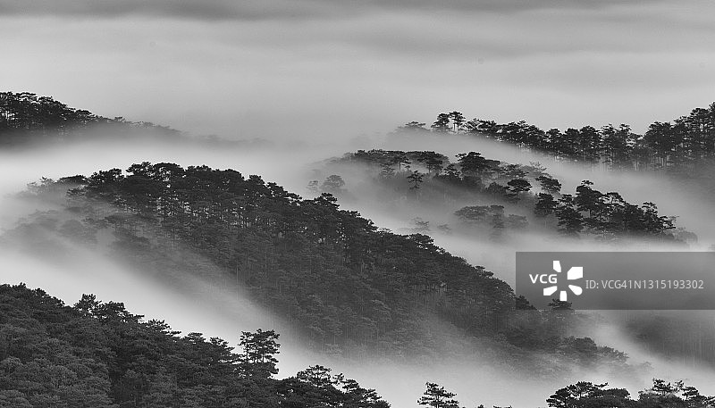 雾中山峦叠嶂 - 黑白图像图片素材