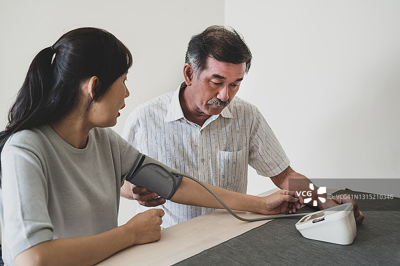 老年夫妇在客厅用电子血压计测量血压和心率图片素材