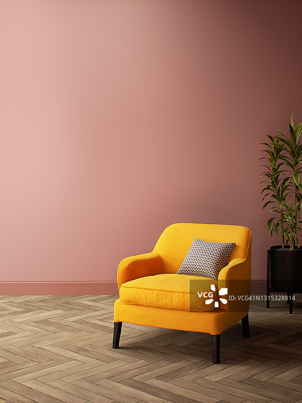 带黄色沙发的粉色房间室内设计，房间样机时尚复古客厅室内3D渲染插图图片素材