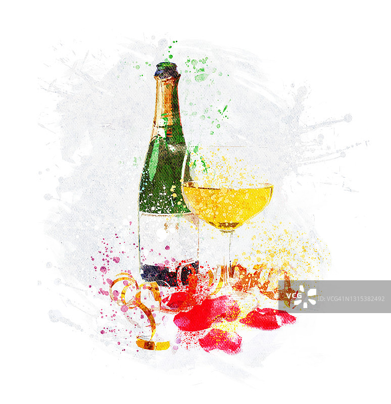 香槟酒瓶和酒杯插画图片素材