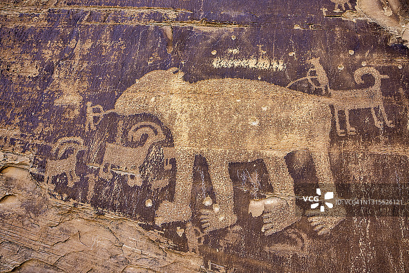 犹他州莫阿布附近的古代美洲原住民熊岩石艺术图片素材