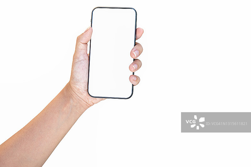 女人手持智能手机特写，白色背景图片素材