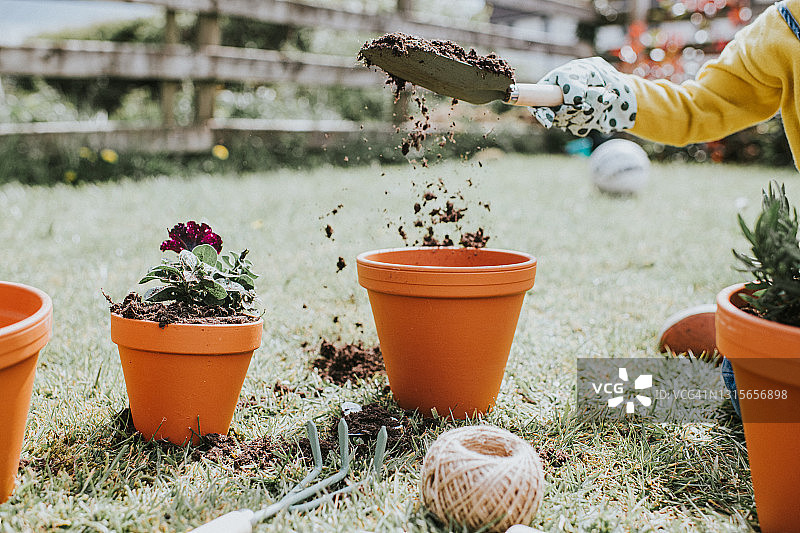 孩子将土壤倒入赤陶花盆中图片素材