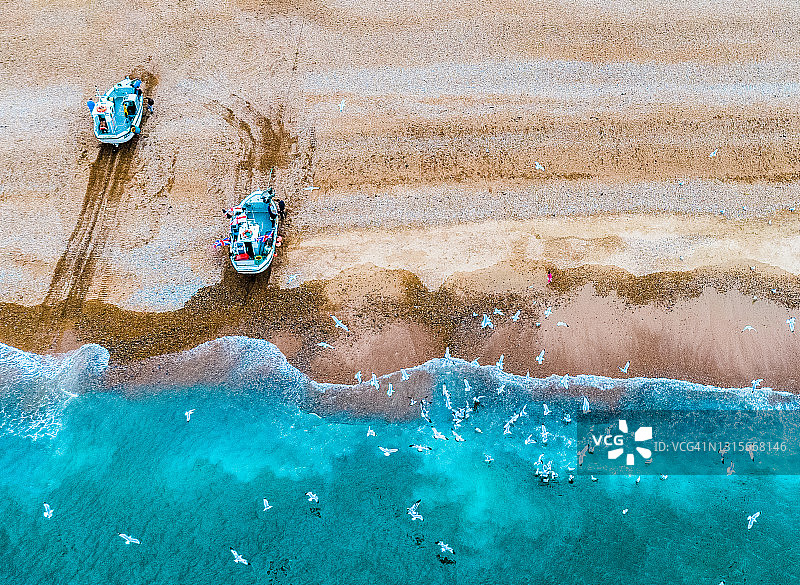 黑斯廷斯海滩渔船鸟瞰图图片素材