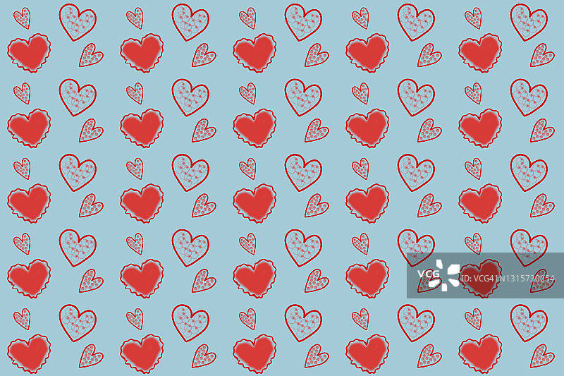 蓝色背景上不同红色心形图案，情人节背景，手工制作图片素材