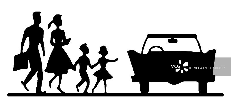 一家人走向汽车图片素材