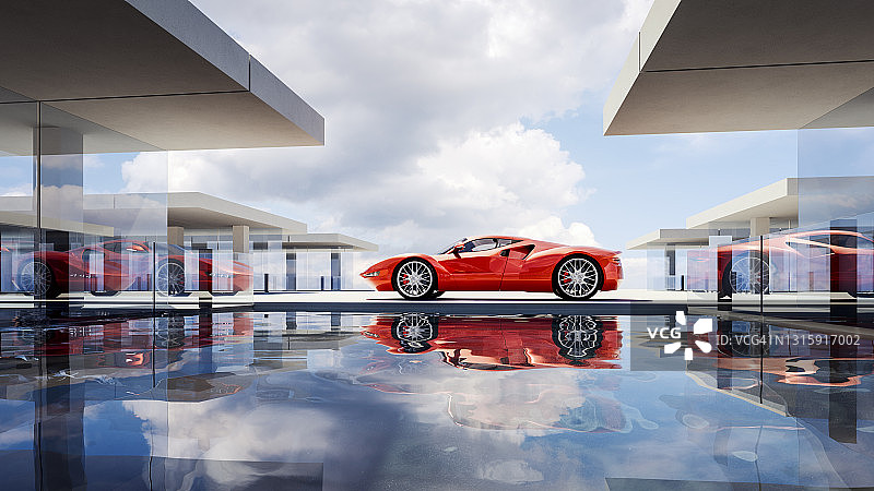 带游泳池的现代别墅和跑车图片素材