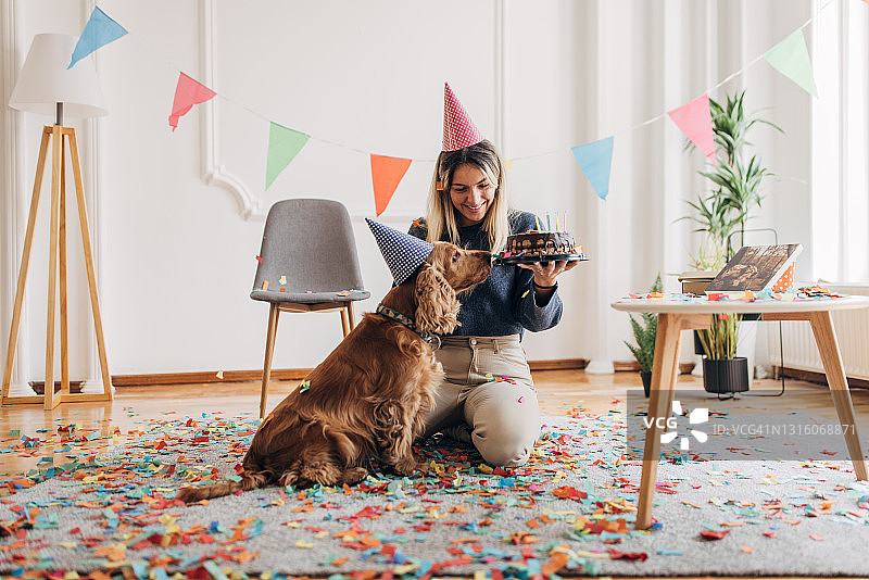 在家为狗庆祝生日图片素材