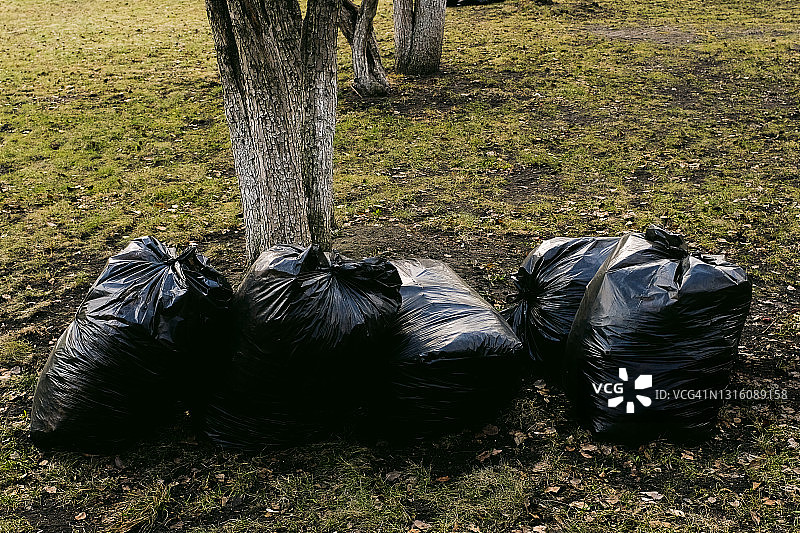 公园里装满垃圾的黑色塑料袋，清理城市垃圾，保护环境图片素材