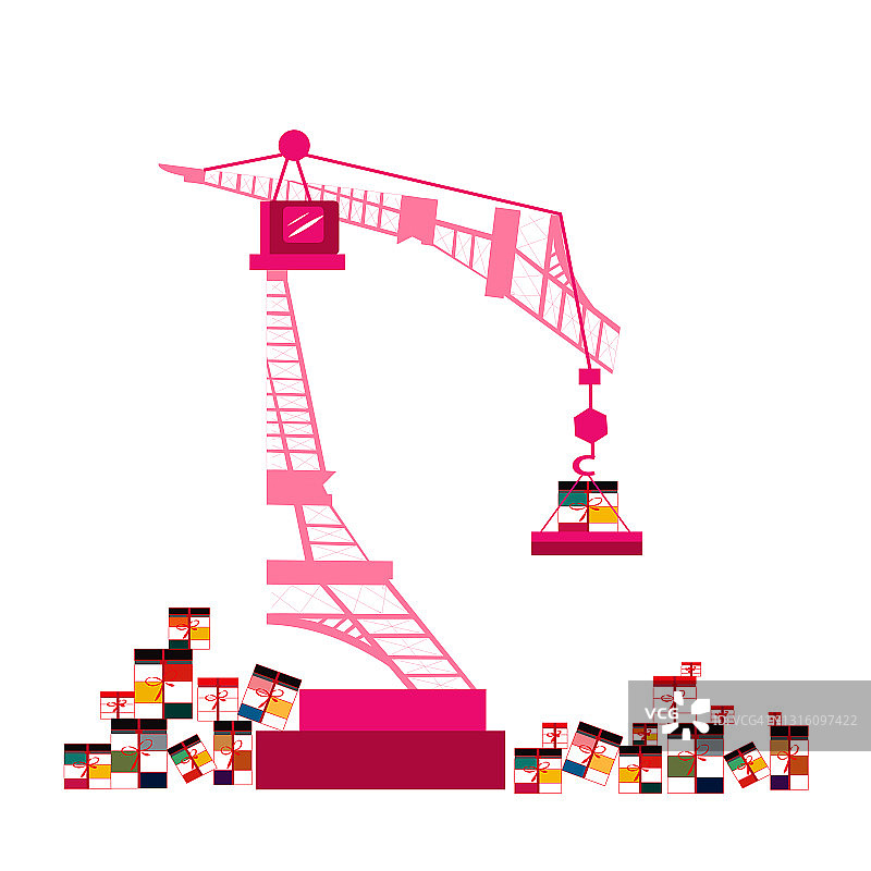 埃菲尔铁塔作为起重机和周围许多礼物的插画，白色背景隔离图片素材