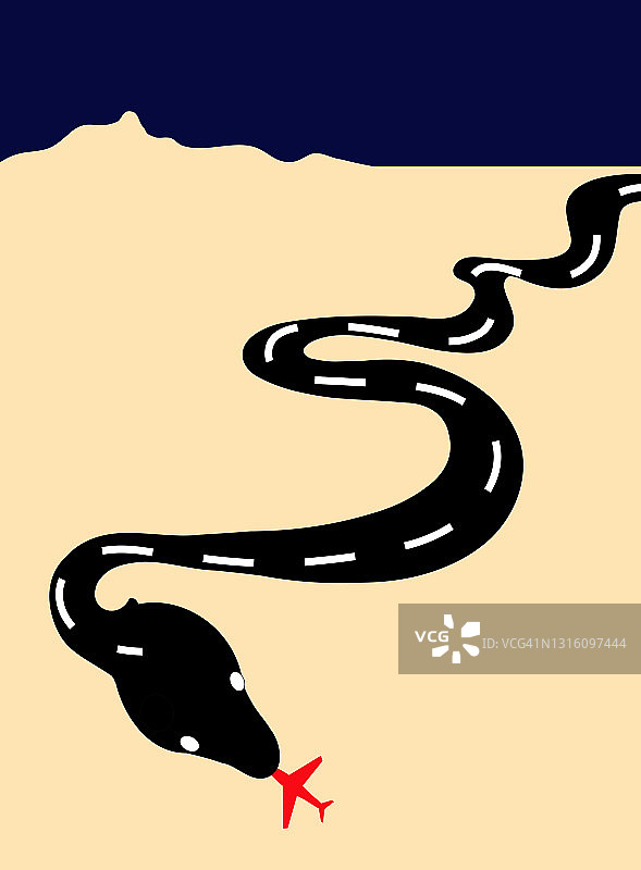 沙漠景观中蛇形道路与飞机舌头插画图片素材