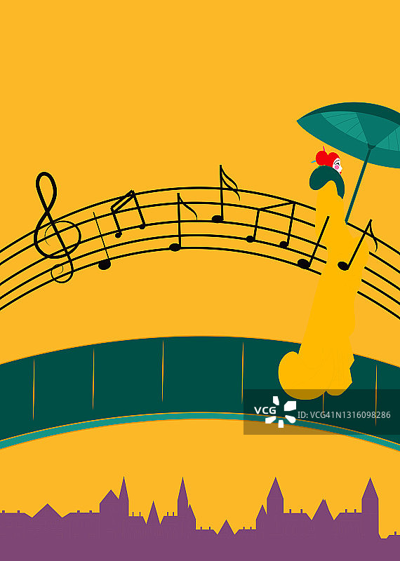 音符桥和撑伞过桥的女人插画图片素材