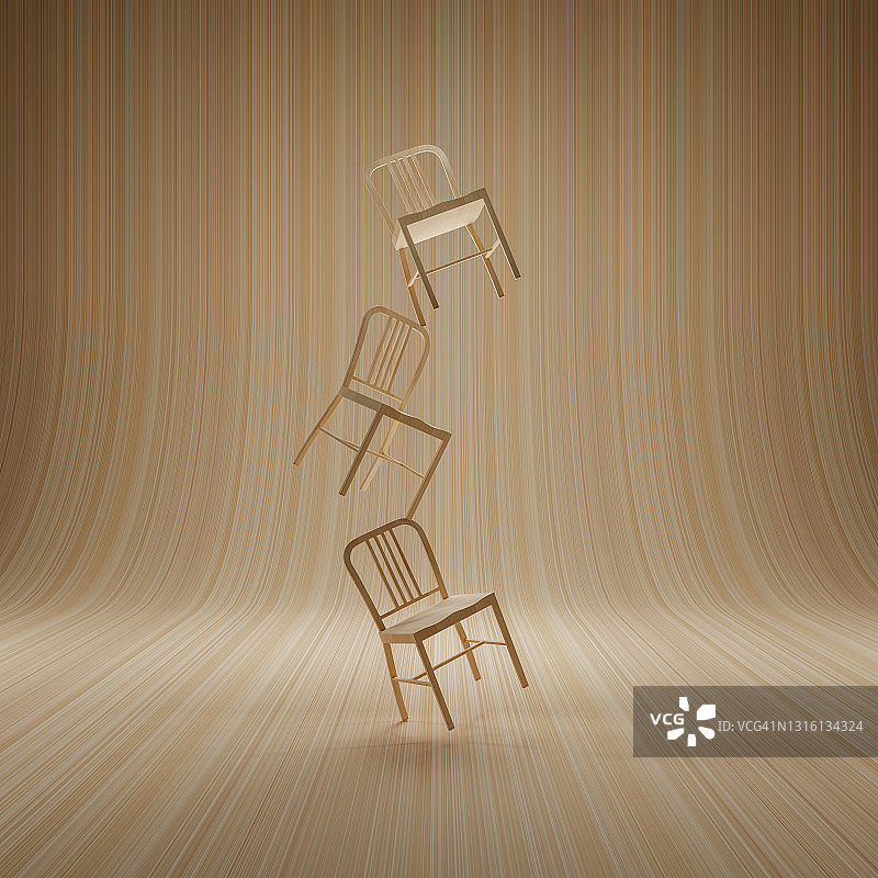 三个木制厨房椅子相互平衡的3D插画，浅色木质背景图片素材