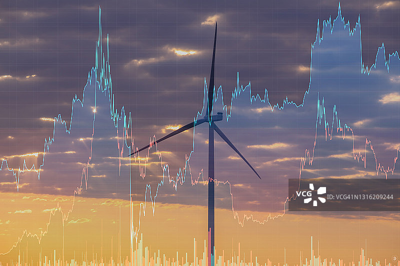 风力涡轮机与股票图表背景图片素材