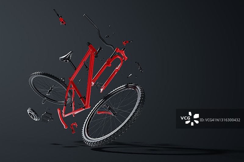 悬浮在空中的红色拆卸山地自行车图片素材