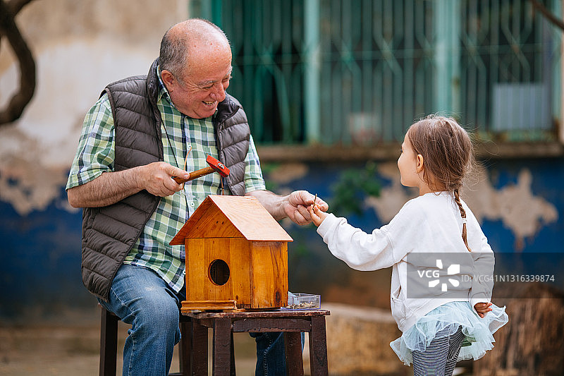 爷爷和孙女一起制作木制鸟舍图片素材