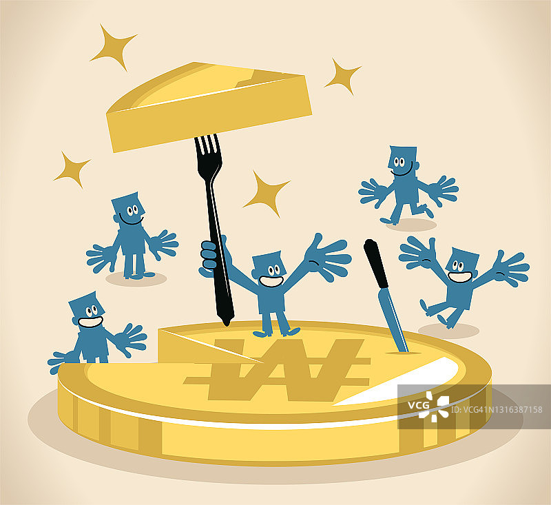 商人用叉子切开韩元蛋糕并分享图片素材