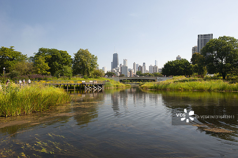 从林肯公园花园看到的芝加哥天际线局部景观图片素材