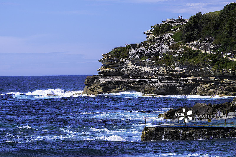 澳大利亚悉尼邦迪海滩岩石海岸的蓝色海浪景观图片素材