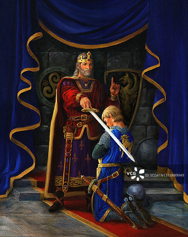 国王授予骑士爵位。亚瑟王，兰斯洛特图片素材